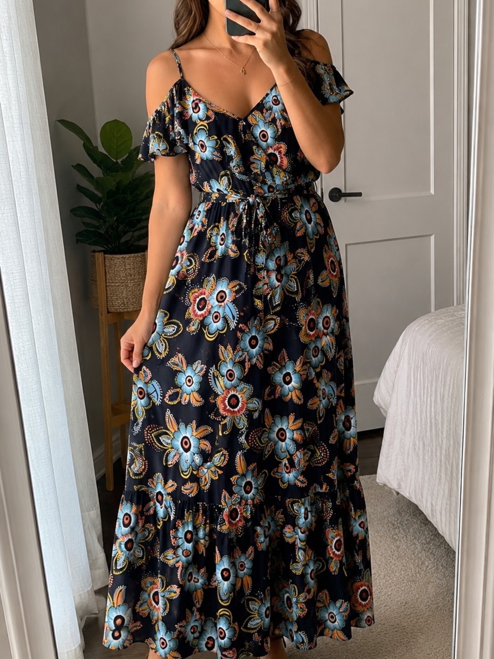LOFT Floral Maxi Dress XS Navy Blue Multicolor Flutter Sleeve Tie Waist